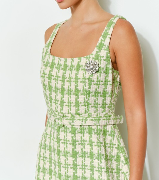 Tweed Belted Mini Dress with Brooch Detail - Lime