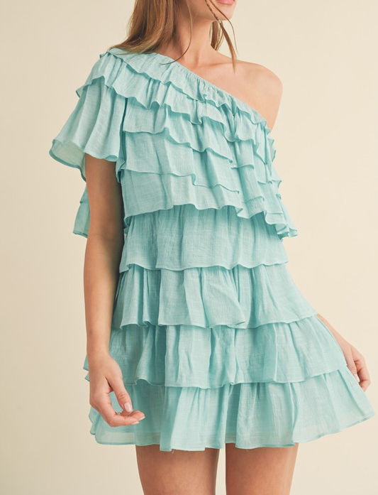 One Shoulder Tiered Ruffle Mini Dress - Mint