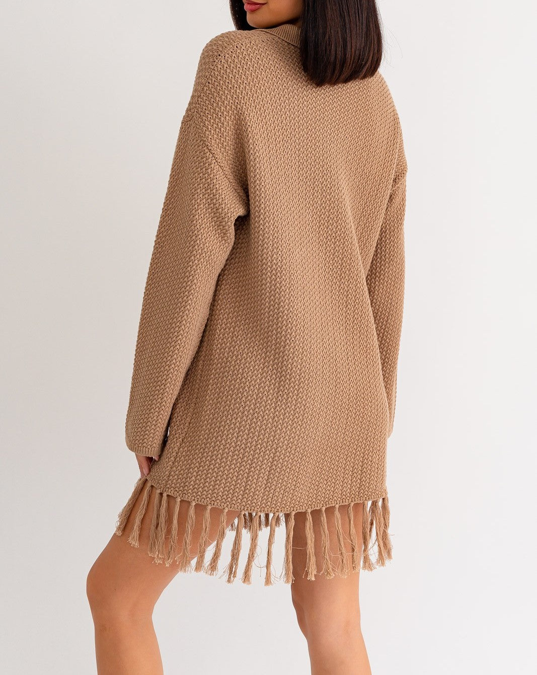 Sweater Dress with Fringe Detail - Mocha