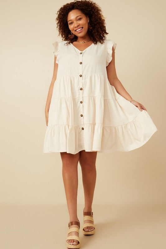 Plus Ruffled Button-Down Tiered Tank Dress - Ivory