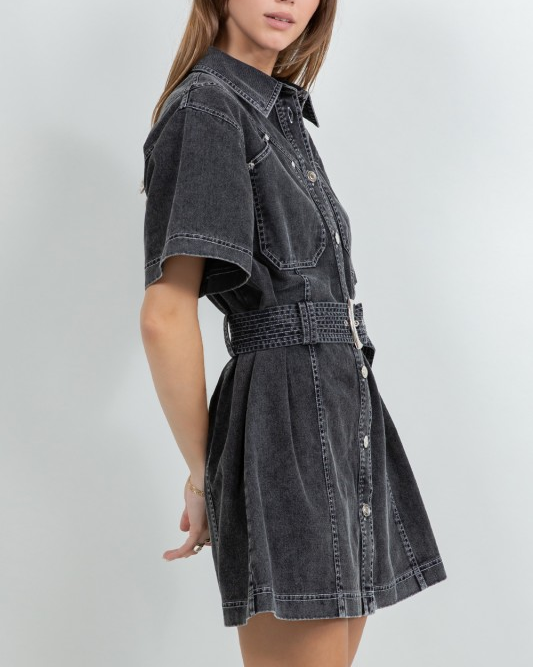 Contrast Stitching Denim Dress with Belt - Dark Wash