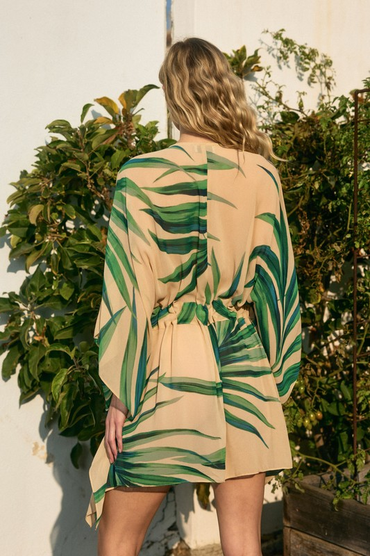 Tropical Leaf Kaftan Mini Dress with Slip