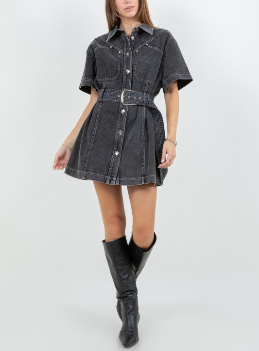 Contrast Stitching Denim Dress with Belt - Dark Wash