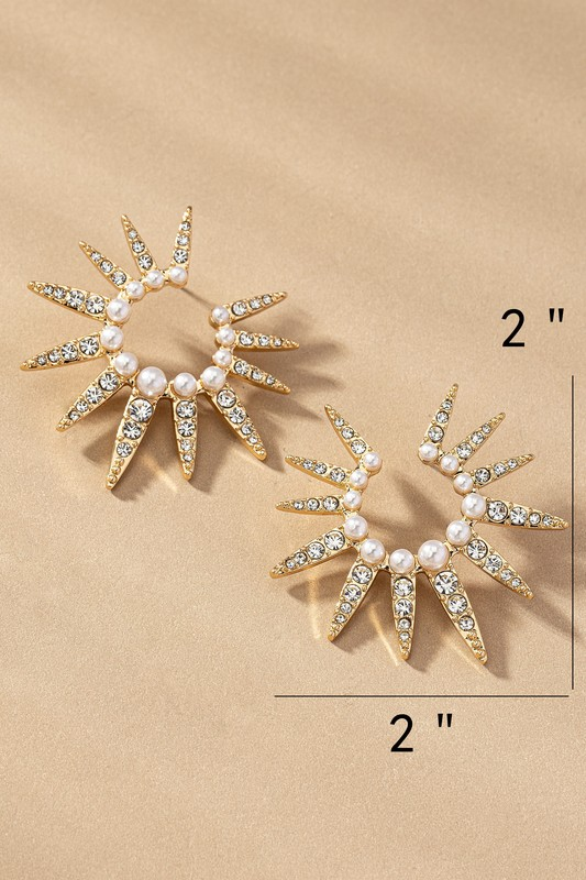 Solar Ray Hoop Earrings with Pearl and Rhinestones - Gold