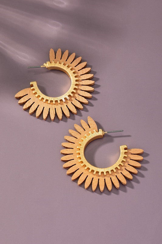 Wooden Solar Ray Hoop Earrings - Caramel