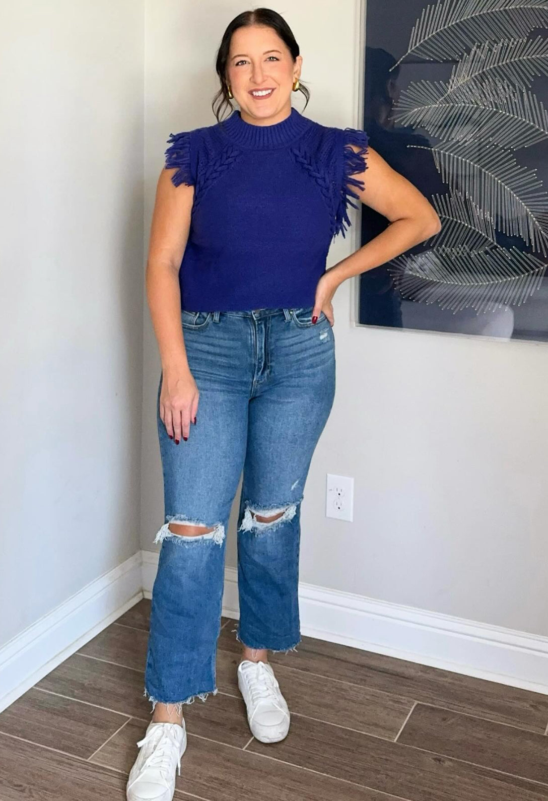 Cable Knit Sweater with Fringe Sleeve - Purple