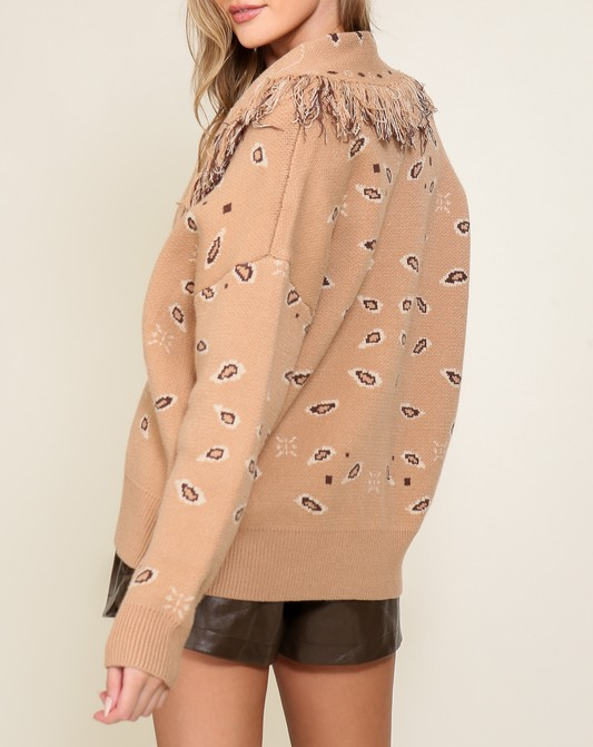 Fringe Trim Print Cardigan - Tan