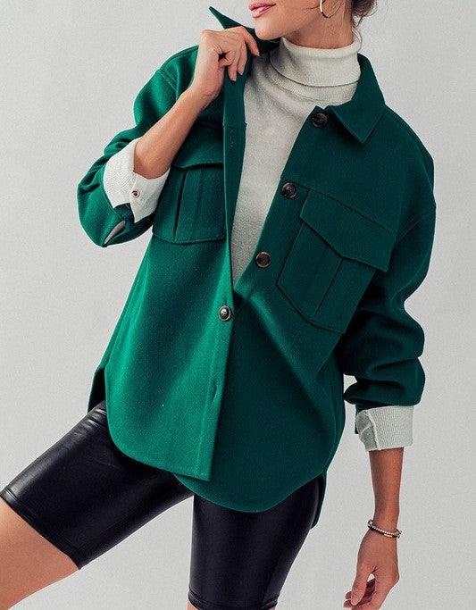 Fleece Buttoned Down Shacket - Green