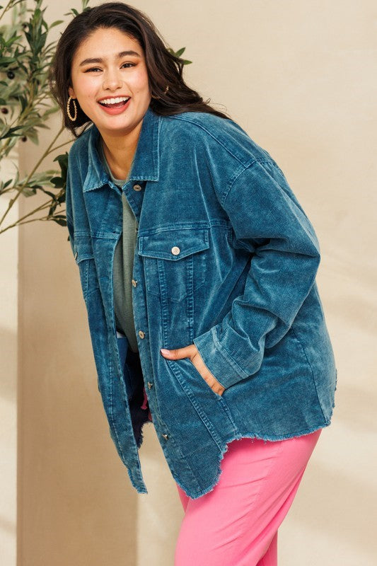 Plus Corduroy Collared Jacket - Washed Teal
