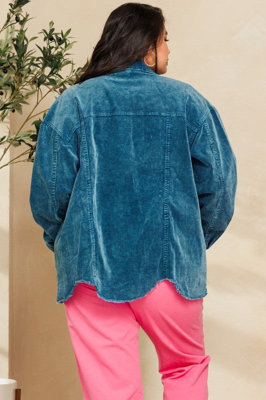 Plus Corduroy Collared Jacket - Washed Teal