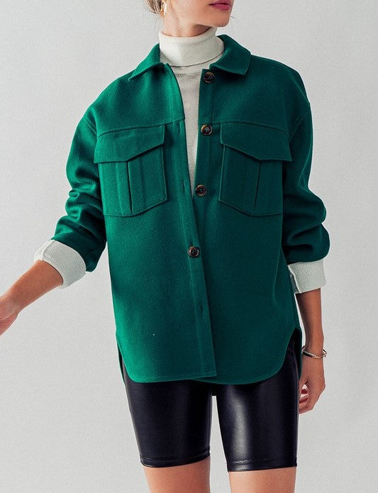 Fleece Buttoned Down Shacket - Green