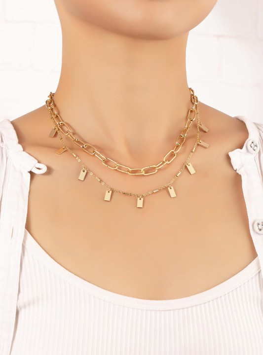 Two Row Necklace with Rectangular Drops - Gold