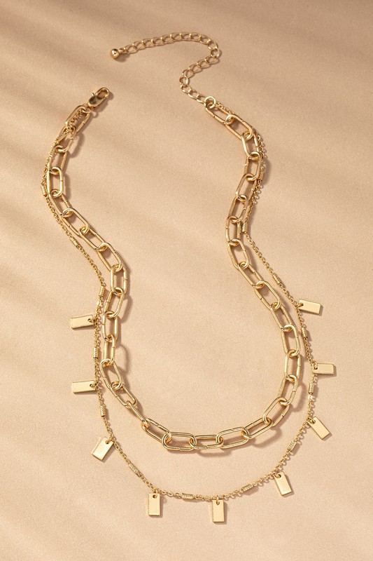 Two Row Necklace with Rectangular Drops - Gold