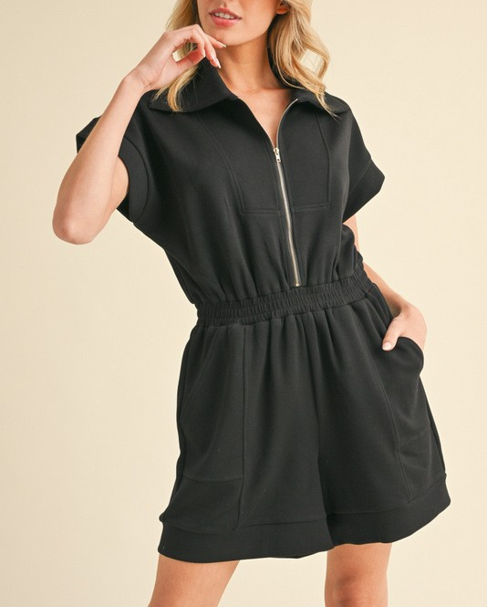 Solid Romper with Pockets - Black