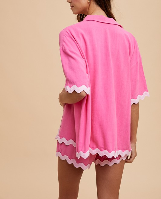 Detailed Trim Button-Down Shirt and Shorts Set - Hot Pink