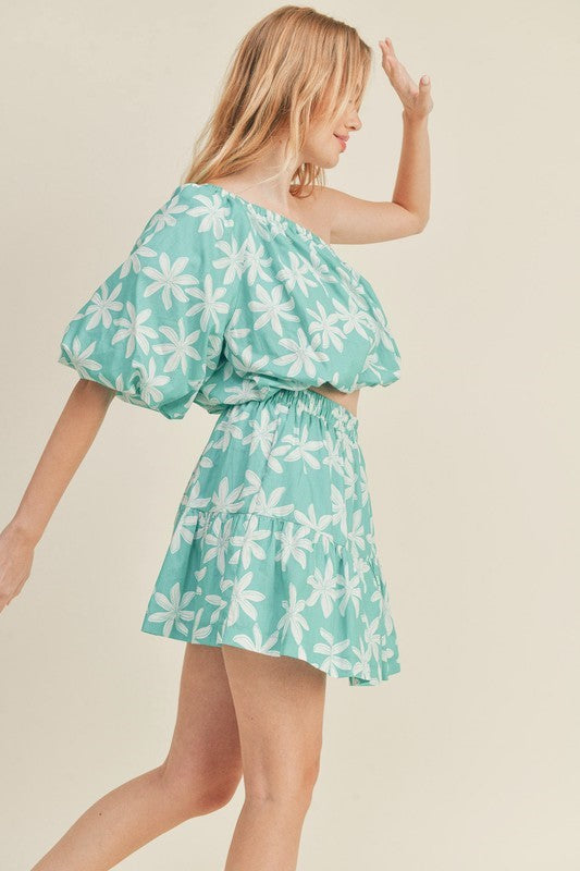 Floral One Shoulder Top and Skirt Set - Teal