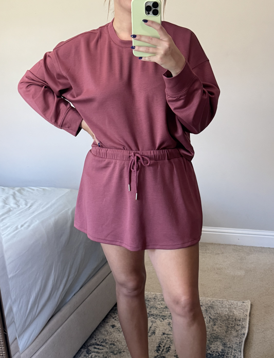 Round Neck Sweatshirt with Flare Skort Set - Dusty Rose