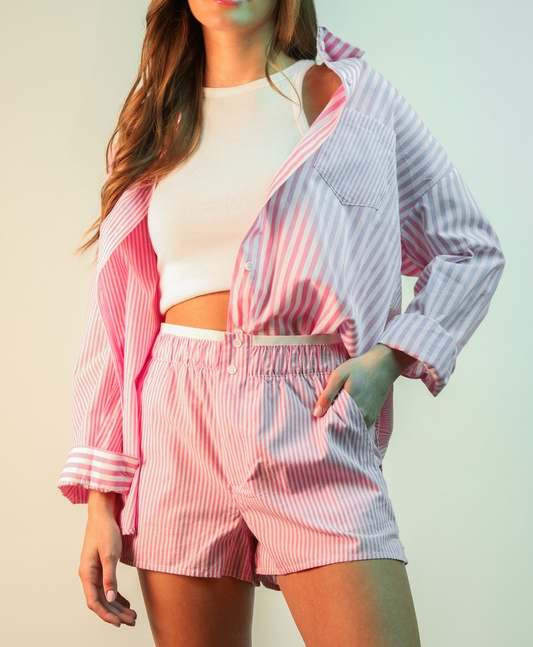 Striped Button-Down Shirt & Shorts Set - Pink