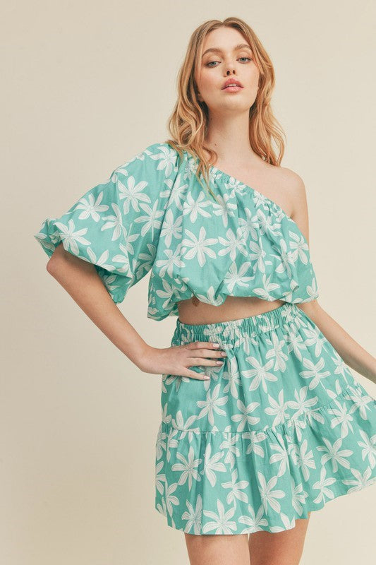 Floral One Shoulder Top and Skirt Set - Teal