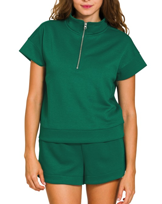 Half Zip Top and Shorts Set - Hunter Green