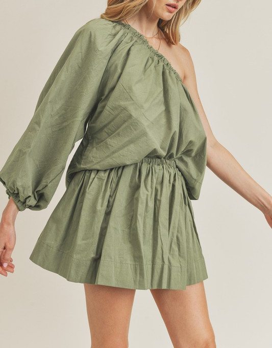 One Shoulder Top and Mini Skirt Set - Olive