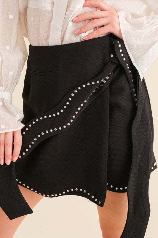 Scalloped Miniskirt with Stud Detail - Black