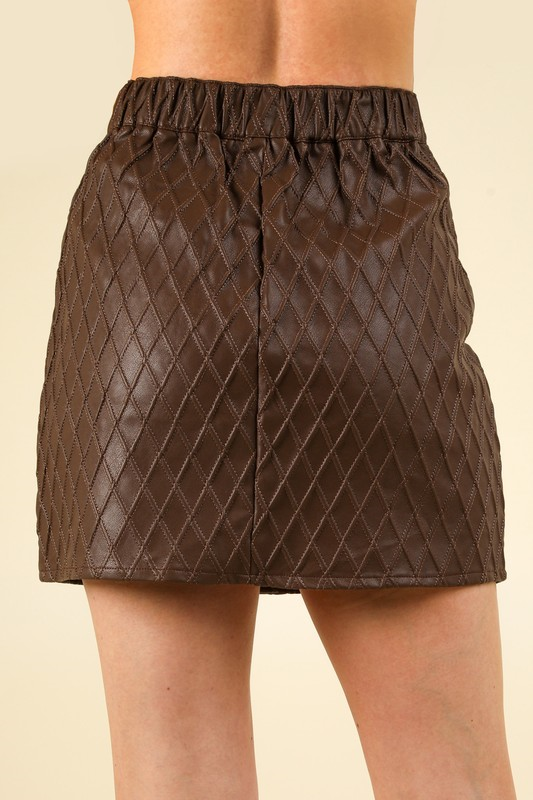 Button Down Textured Faux Leather Skirt - Chocolate
