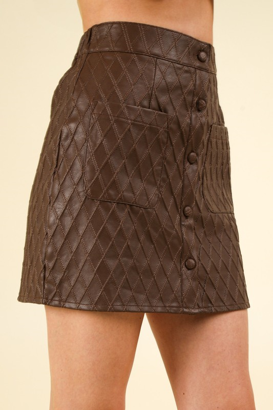 Button Down Textured Faux Leather Skirt - Chocolate