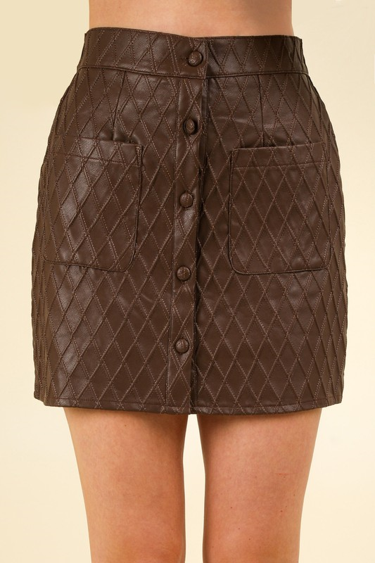 Button Down Textured Faux Leather Skirt - Chocolate