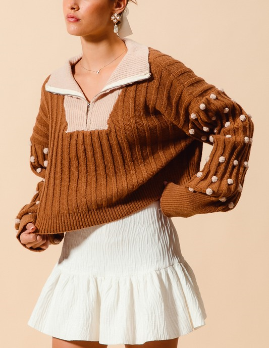 Quarter-Zip Sweater with Pom Pom Sleeves - Mocha/Oatmeal