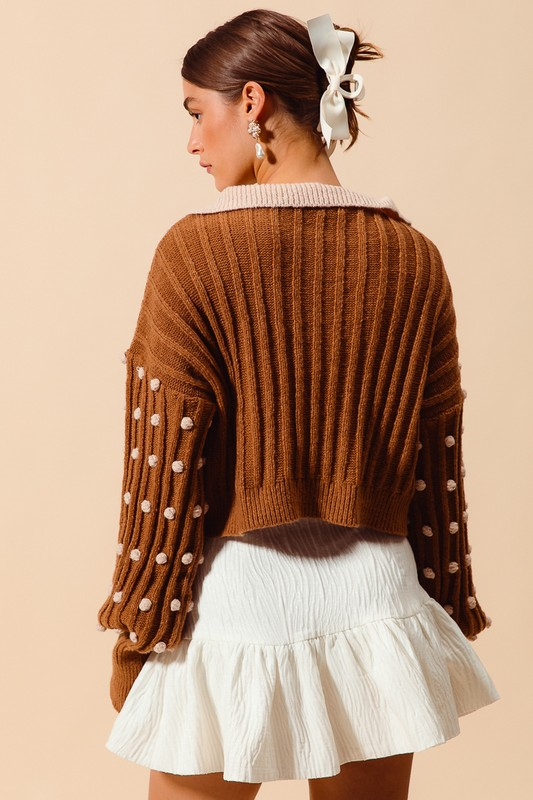 Quarter-Zip Sweater with Pom Pom Sleeves - Mocha/Oatmeal