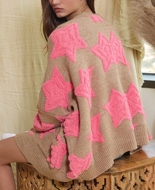 Oversized Star Pullover Cardigan - Taupe/Pink