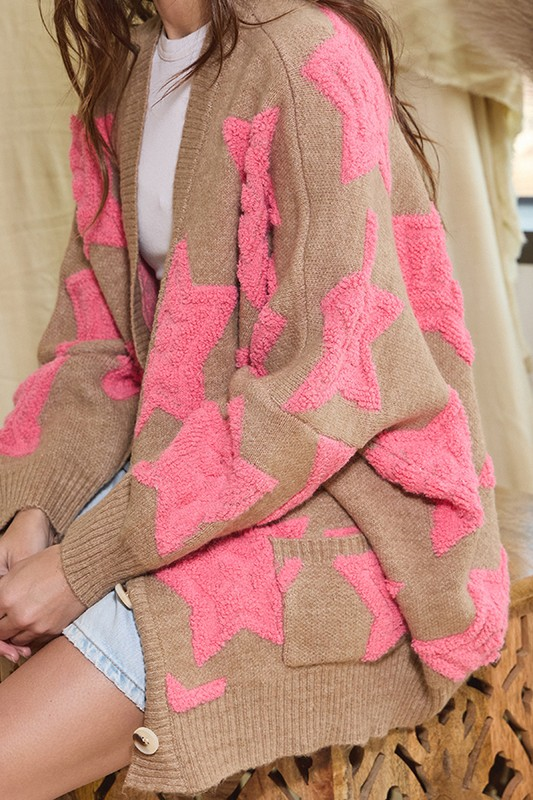 Oversized Star Pullover Cardigan - Taupe/Pink