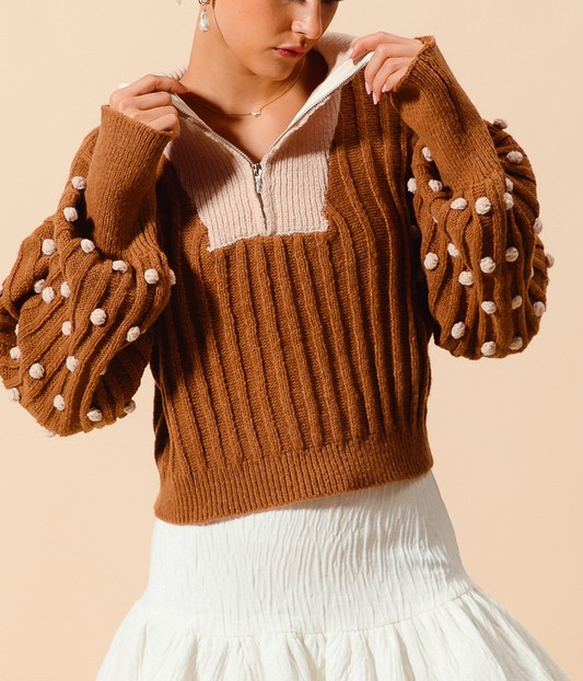 Quarter-Zip Sweater with Pom Pom Sleeves - Mocha/Oatmeal
