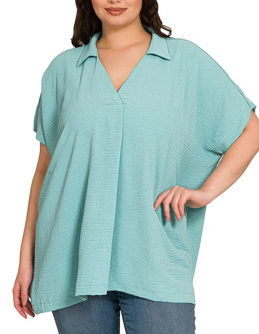 Plus - Airflow Collared V-Neck Top - Dusty Teal