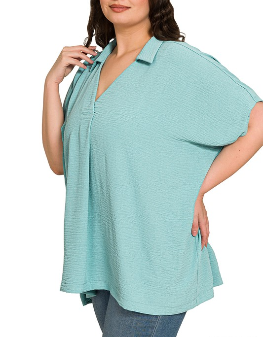 Plus - Airflow Collared V-Neck Top - Dusty Teal