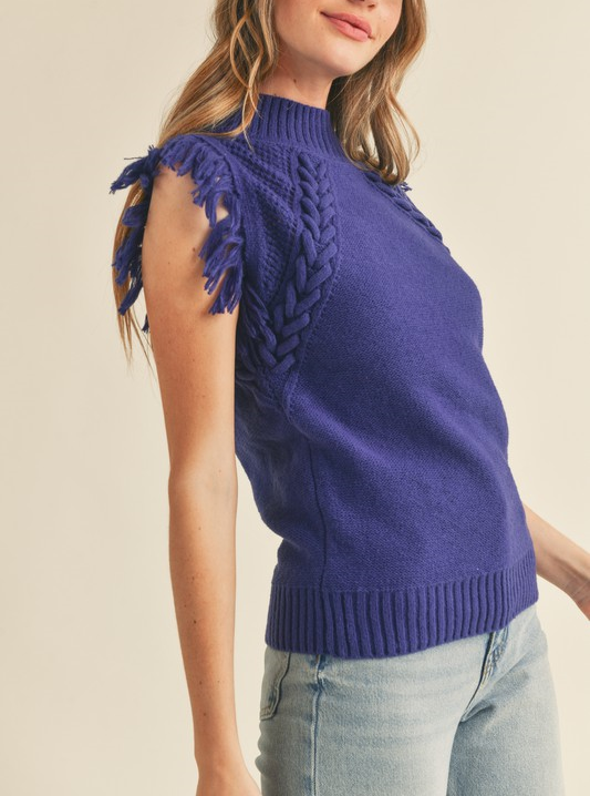 Cable Knit Sweater with Fringe Sleeve - Purple
