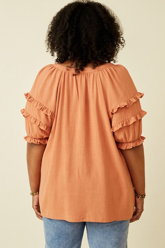 Plus - V Neck Ruffled Sleeve Top