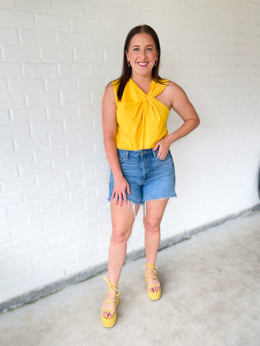 Sleeveless Top with Asymmetrical Twisted Neck Detail - Yellow