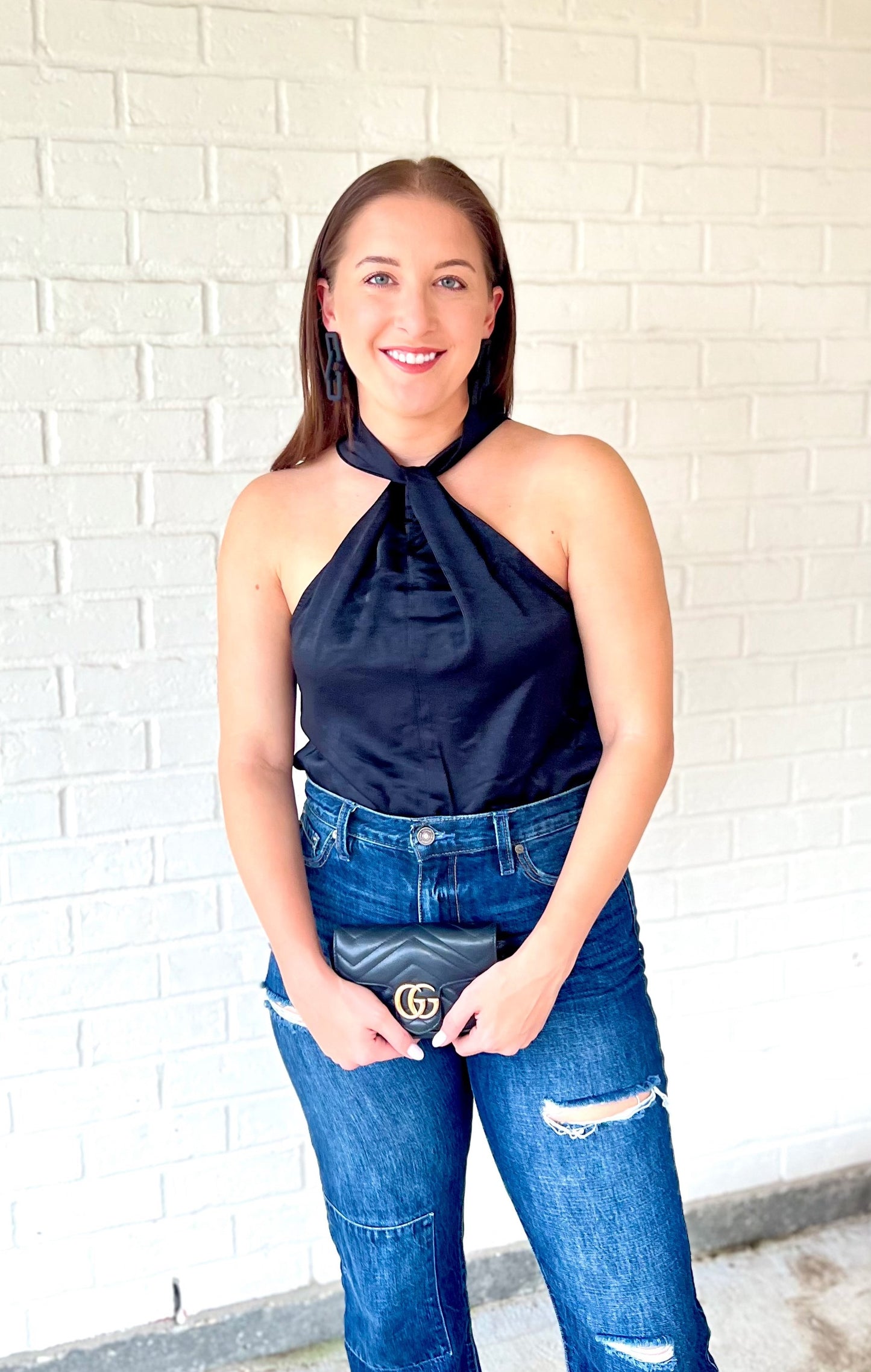 Satin Halter Top Bodysuit - Black