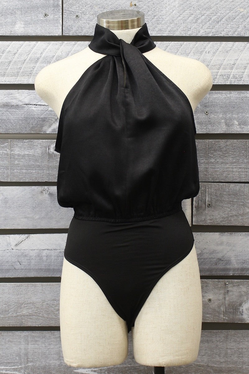 Satin Halter Top Bodysuit - Black