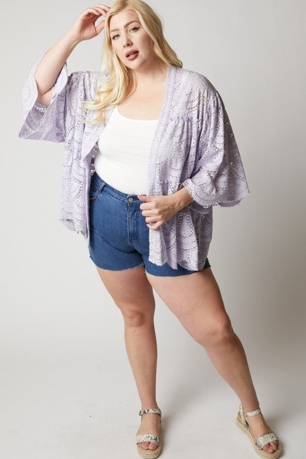 Plus - 3/4 Sleeve Cardigan - Lavender