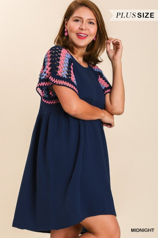 Plus - Crochet Short Sleeve Dress - Navy