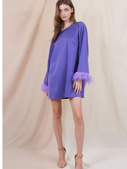 Long Sleeve Feather Trim Retro Tunic Dress