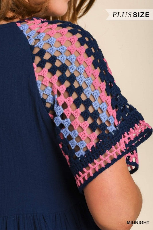 Plus - Crochet Short Sleeve Dress - Navy