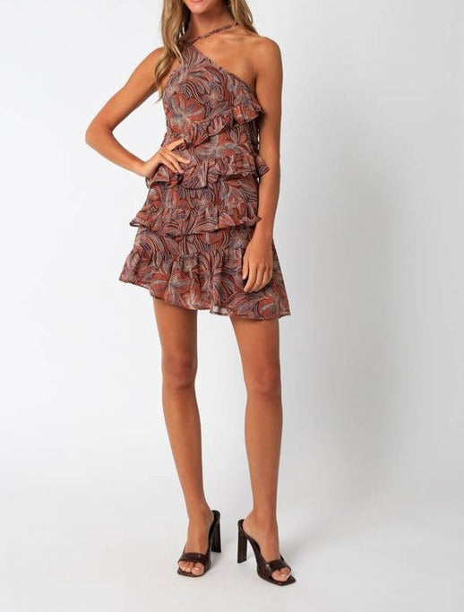 One Shoulder Mini Dress with Asymmetrical Ruffle