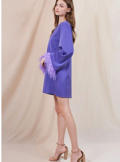 Long Sleeve Feather Trim Retro Tunic Dress