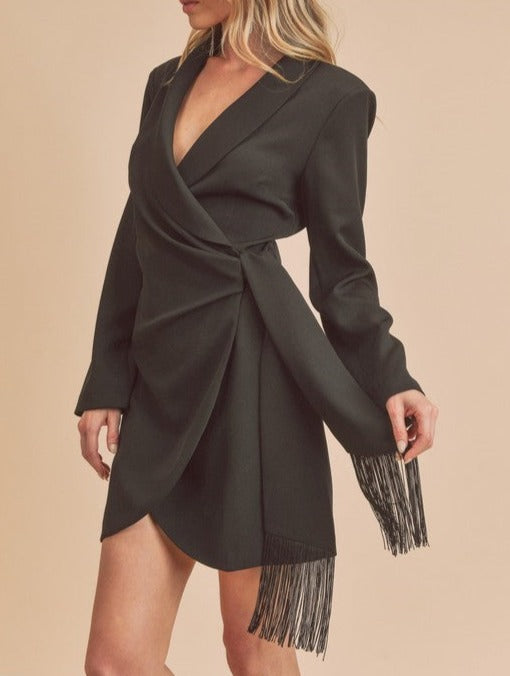 Coat-Style Dress with Tulip Hem and Fringe Tassels