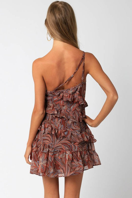One Shoulder Mini Dress with Asymmetrical Ruffle