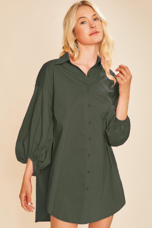 Button Front Shirt Dress with Bishop Sleeve - Olive